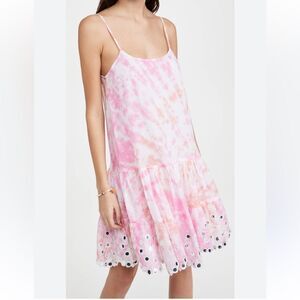 Juliet Dunn Shisha Mirror Embroidered Tie Dye Cotton Mini Dress Pink White Small